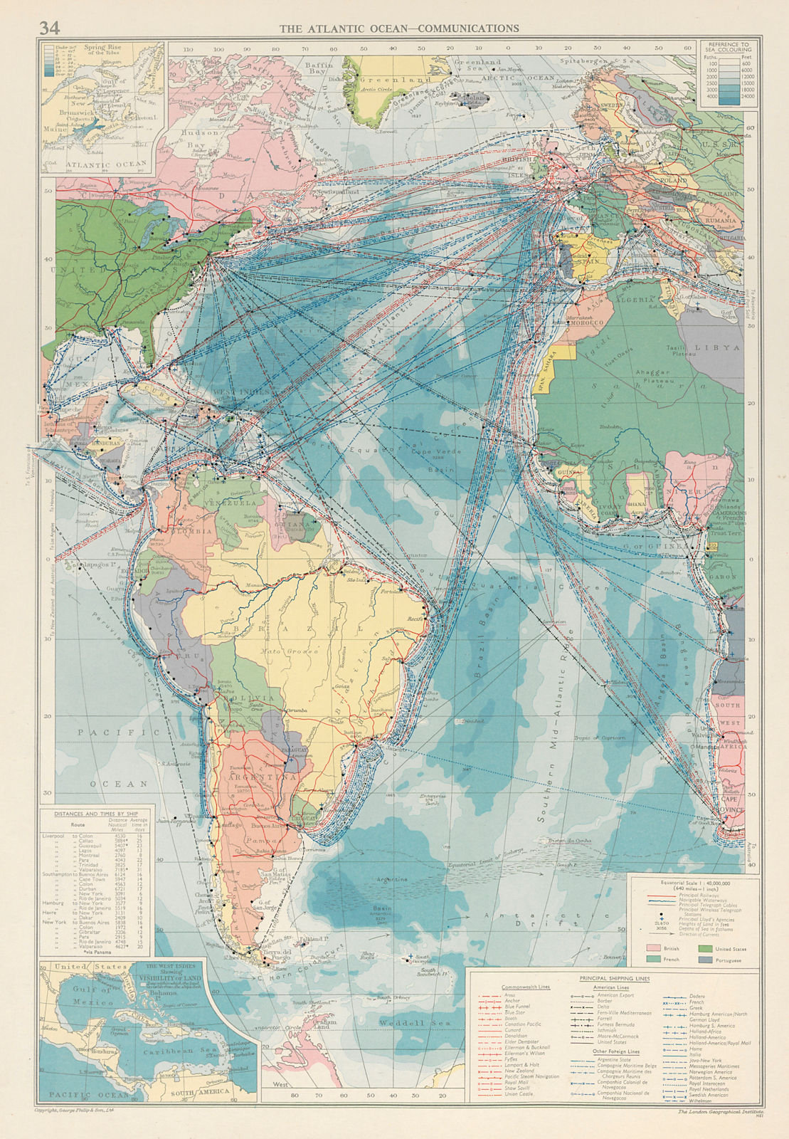 Atlantic Ocean. Cables Wireless Stations Land visibility Shipping lines 1959 map